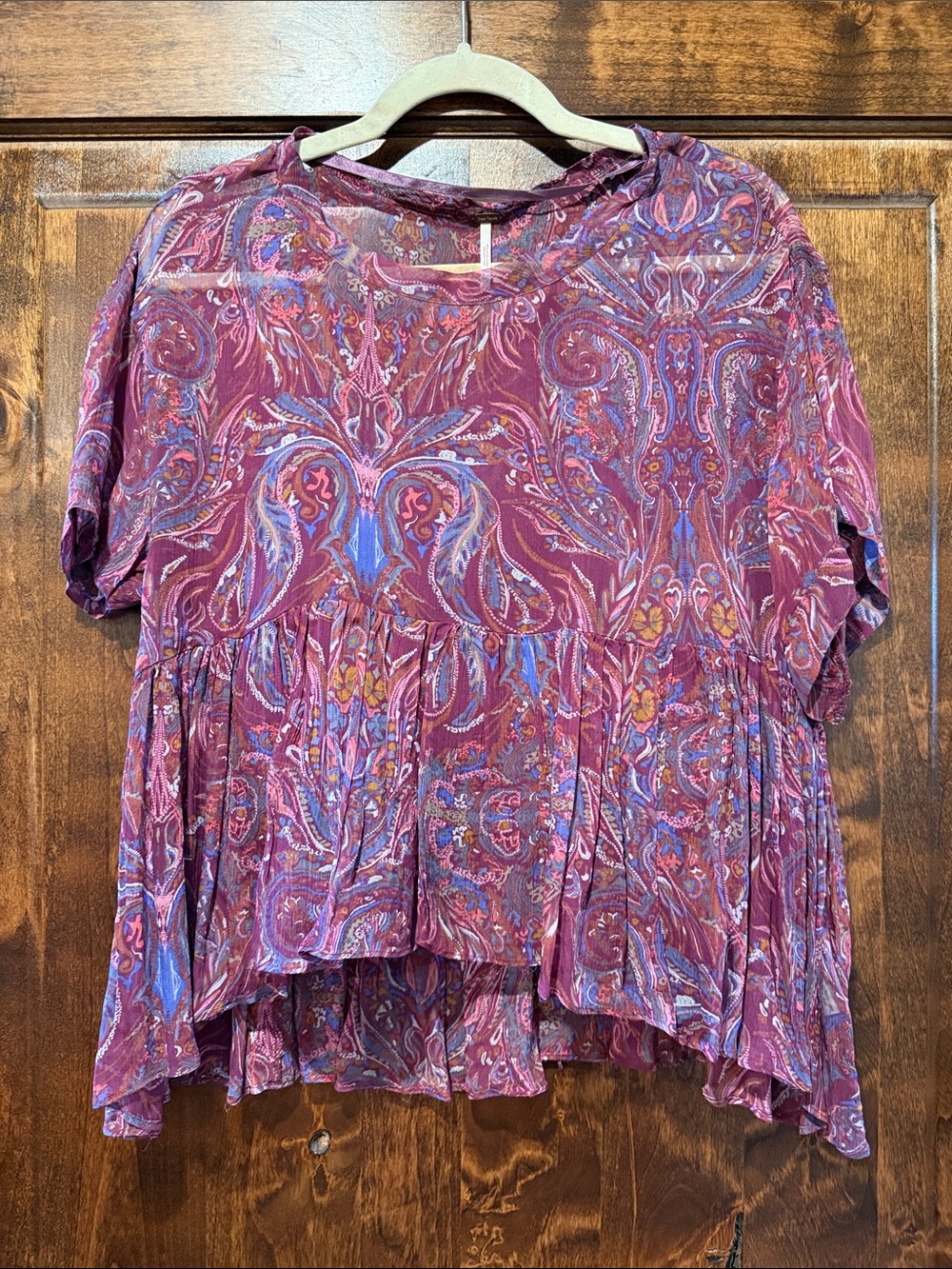 Free People Boho Paisley Tiered Short-Sleeve Tunic - Burgundy with Blue Accents